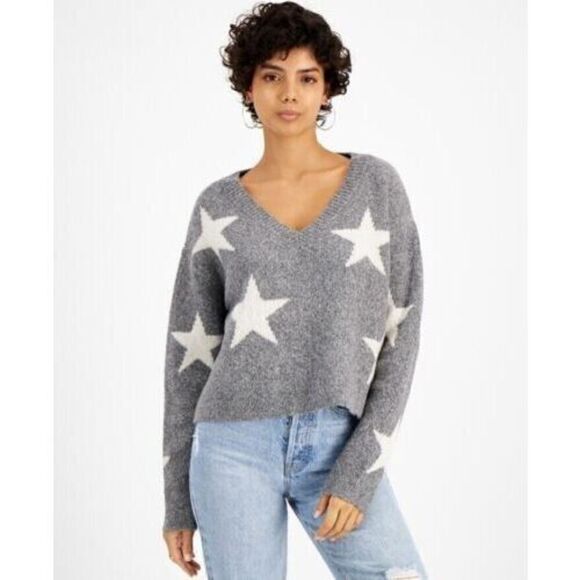 Hippie Rose Women's Sz S Gray/Ivory Stars Print V-Neck Pullover Sweater $49+ - Picture 4 of 4